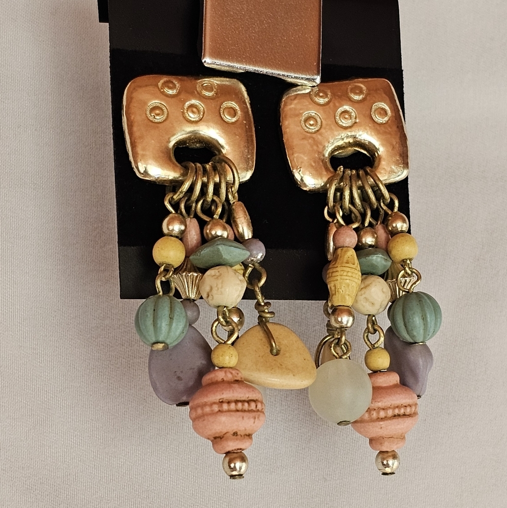 Vintage Dangle Earrings Multi Color Beads